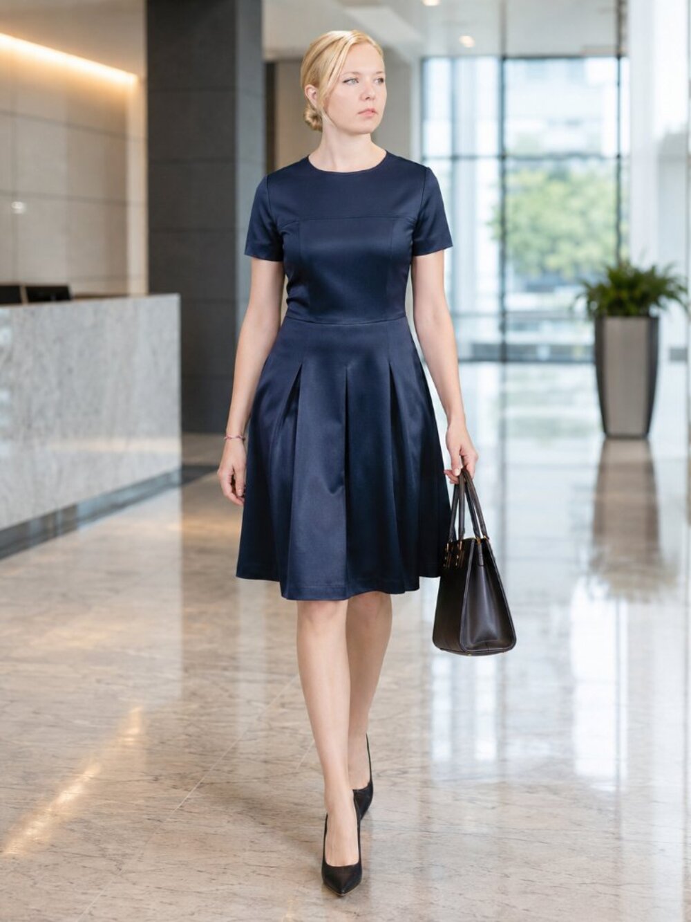 Semi-Fitted Lined Bodice Dress for office, Blue, semi formal, timeless design